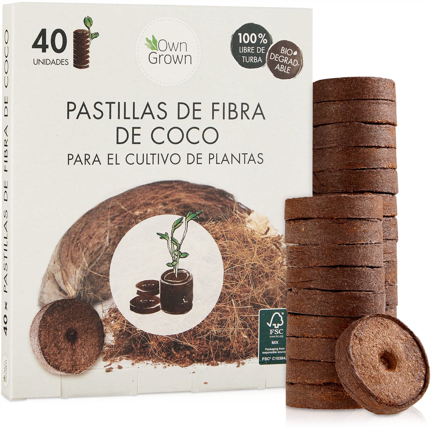Sustrato deshidratado de fibra de coco con nutrientes – 40 unidades para plantas, macetas, huerto urbano y semilleros, sin turba – Tierra de coco OwnGrown