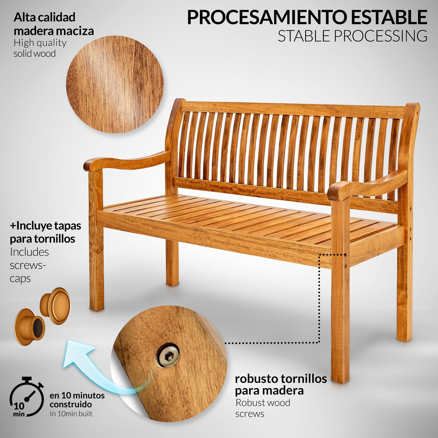 tillvex Banco de Madera para Jardín 125 cm con Cubierta | Robusto Asiento de Exterior 2-3 Plazas | hasta 320 kg de Carga | Banco para Porche, Terraza, Balcón