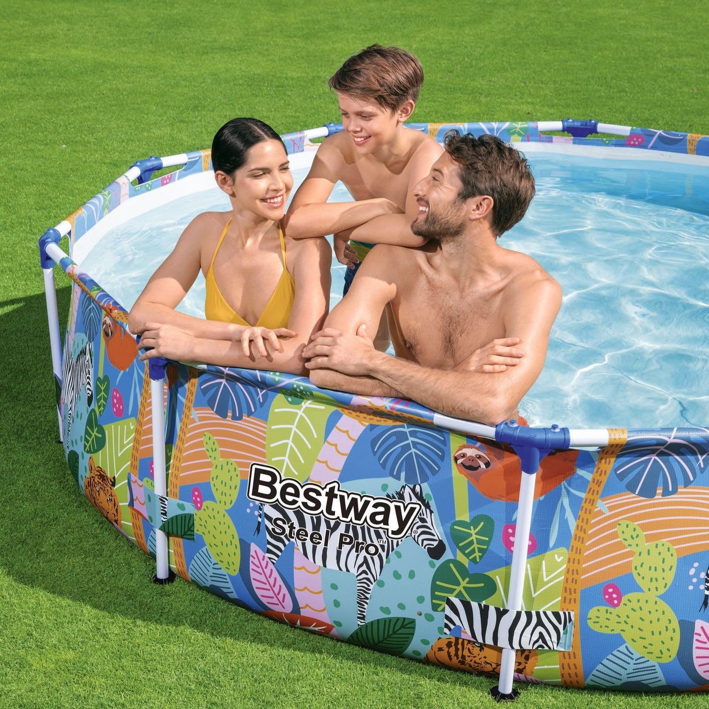 BESTWAY 56985 - Piscina Desmontable Tubular Infantil Steel Pro 305x66 cm Tritech Reforzado con Marco de Acero Diseño Animales de Colores Capacidad 4.062 Litros