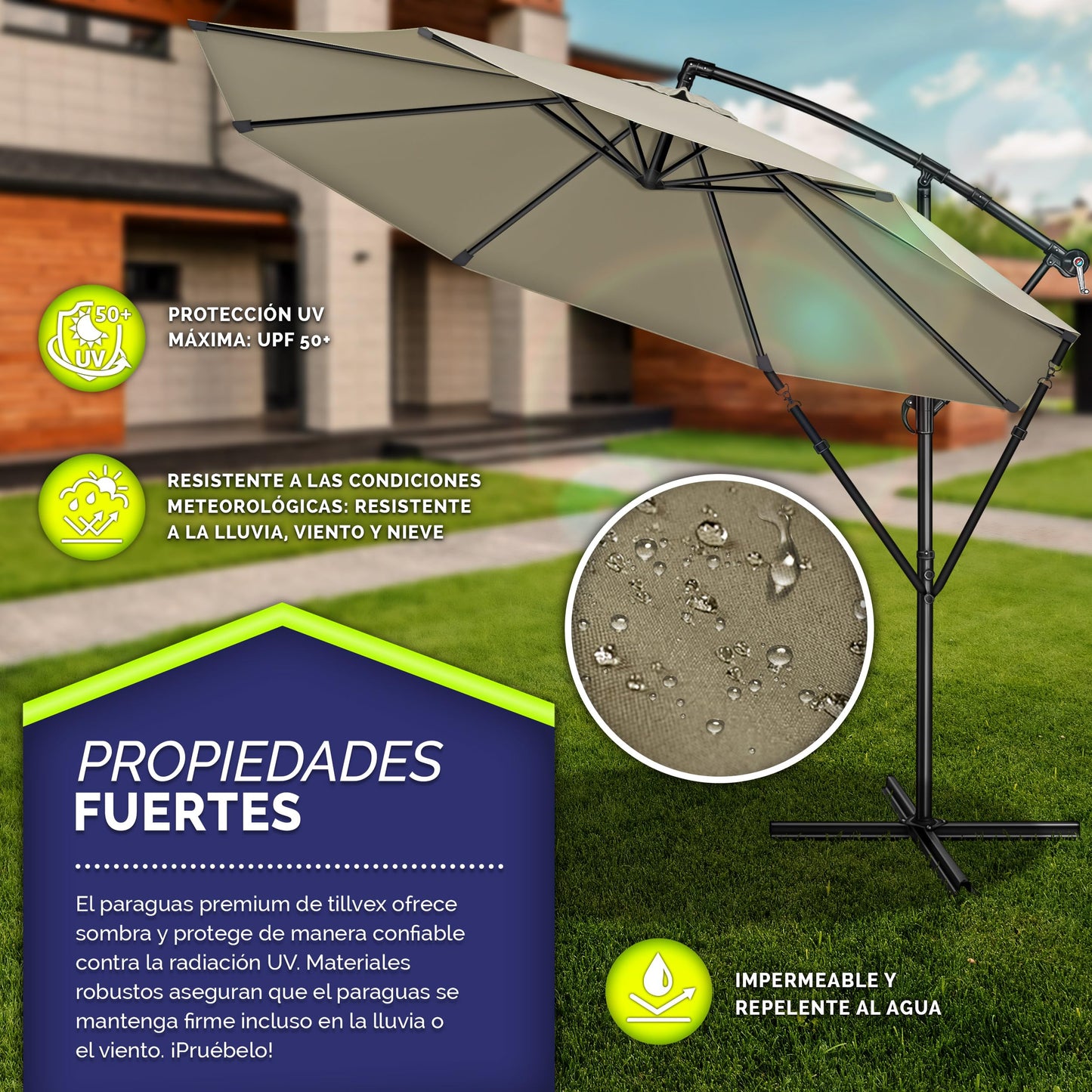 tillvex 300 cm Sombrilla Excentrico con Manivela, Funda y Protectora de cabrestante | Parasol para Terraza Jardín Balcón Patio | Giratorio 360º, Protección UV