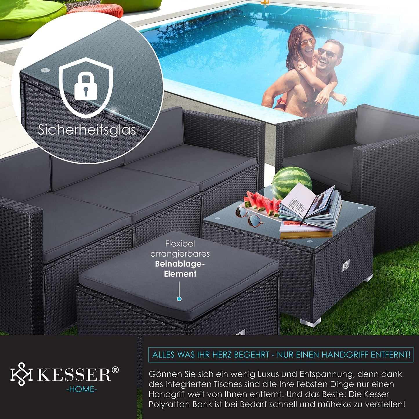 KESSER® Polyrattan Lounge Aruba, Juego de jardín para 4-5 Personas, Conjunto de Muebles de jardín, Grupo de 3 sofá de jardín, sillón, Taburete y Mesa Auxiliar con Cojines de Asiento