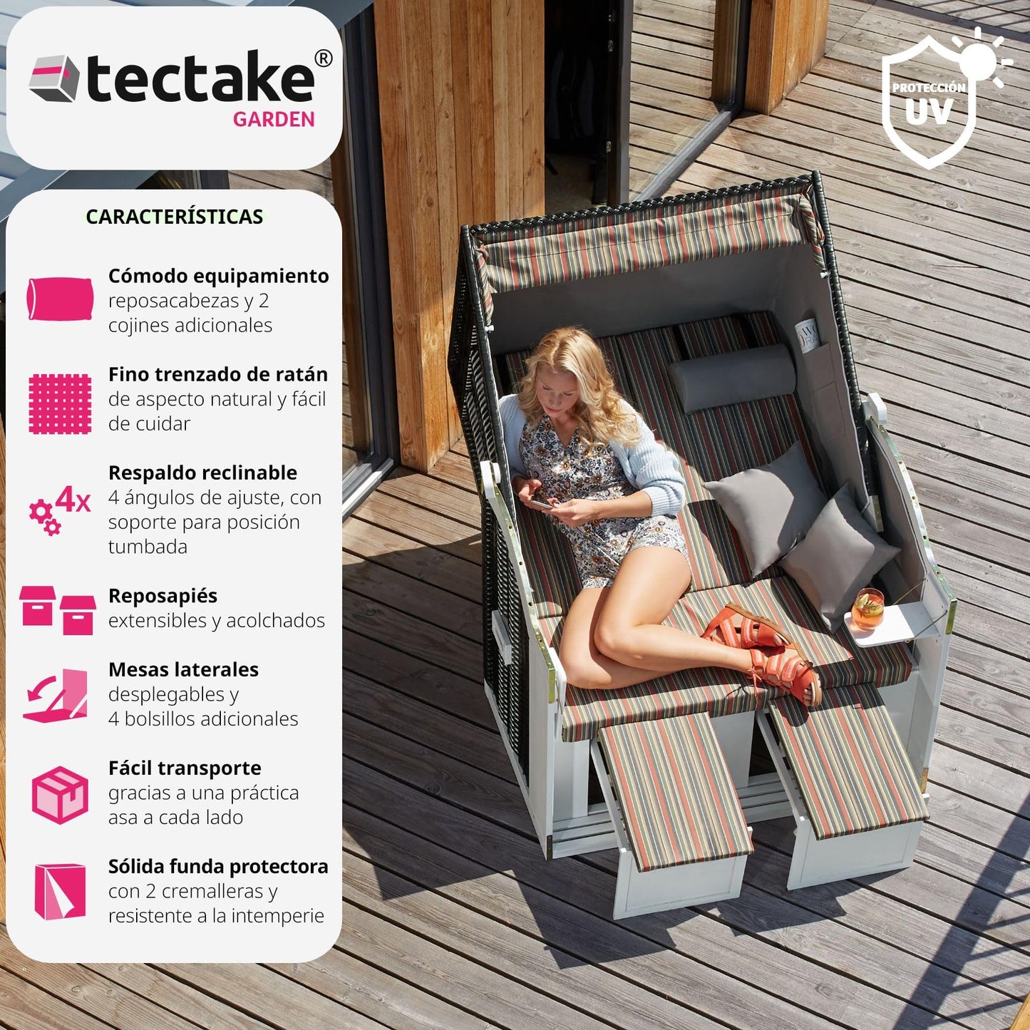 TecTake 800805 Sillón de Playa, Tumbona, Hamaca para jardín XXL, Banco Doble con toldo + Funda Protectora + 4 Cojines (Negro/Gris/marrón)