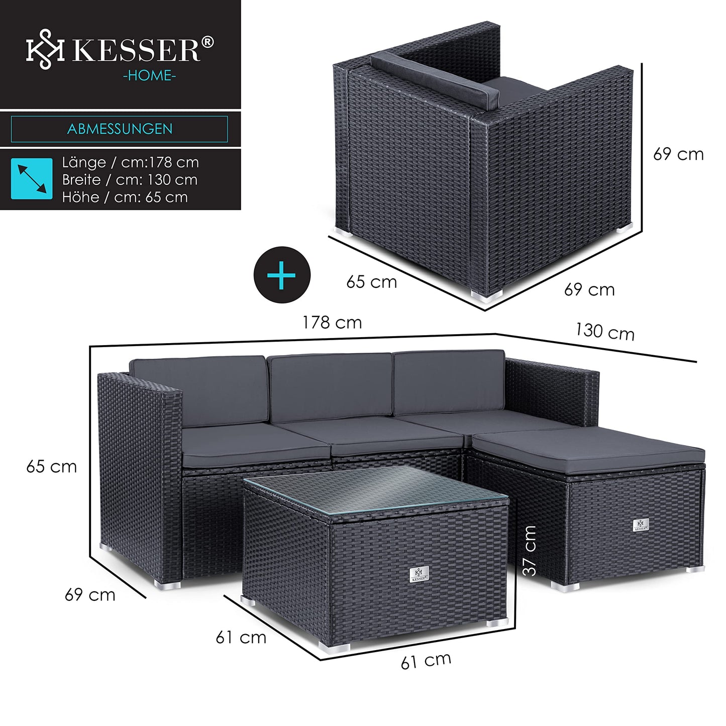 KESSER® Polyrattan Lounge Aruba, Juego de jardín para 4-5 Personas, Conjunto de Muebles de jardín, Grupo de 3 sofá de jardín, sillón, Taburete y Mesa Auxiliar con Cojines de Asiento