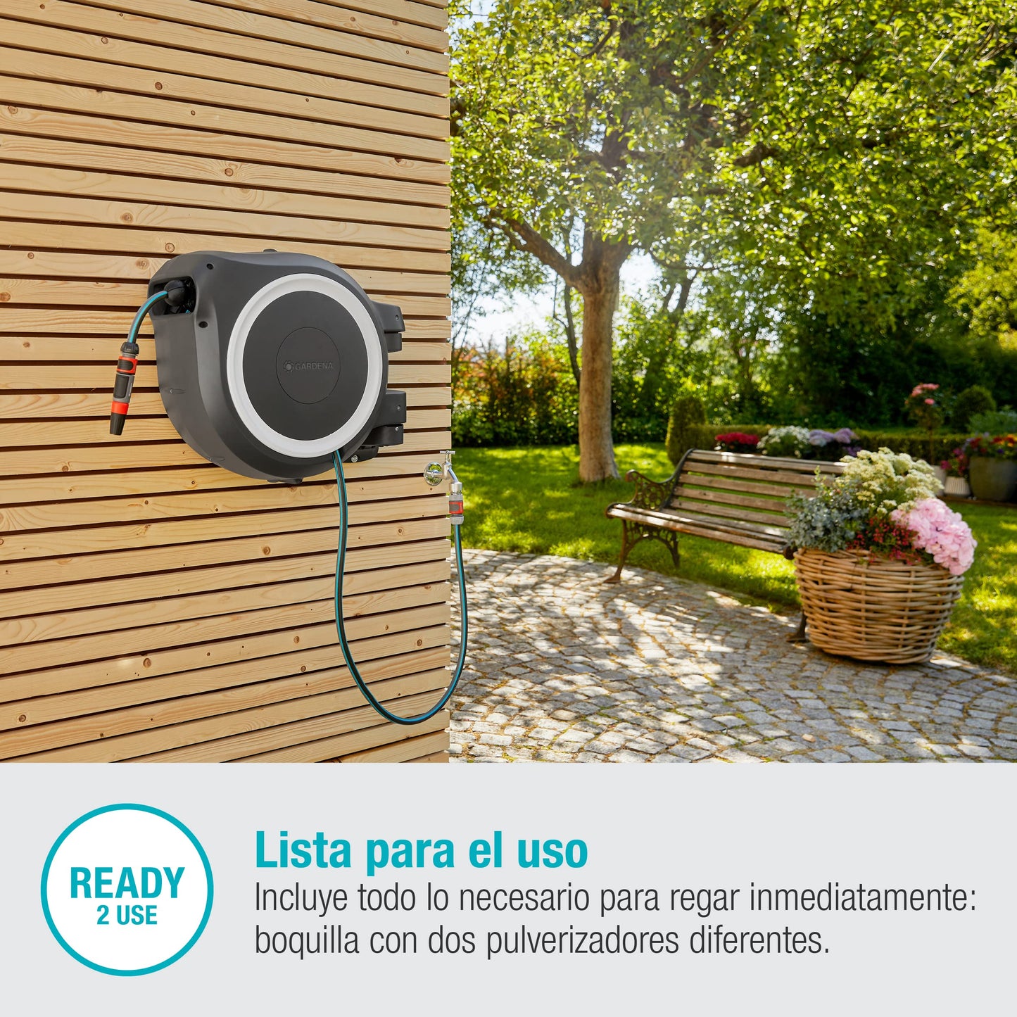 Gardena Carrete de manguera de pared RollUp XL (blanco) 35 m: riego flexible para grandes jardines, carrete giratorio, incluye manguera Gardena de 35 m y auxiliar de montaje (18632-20)