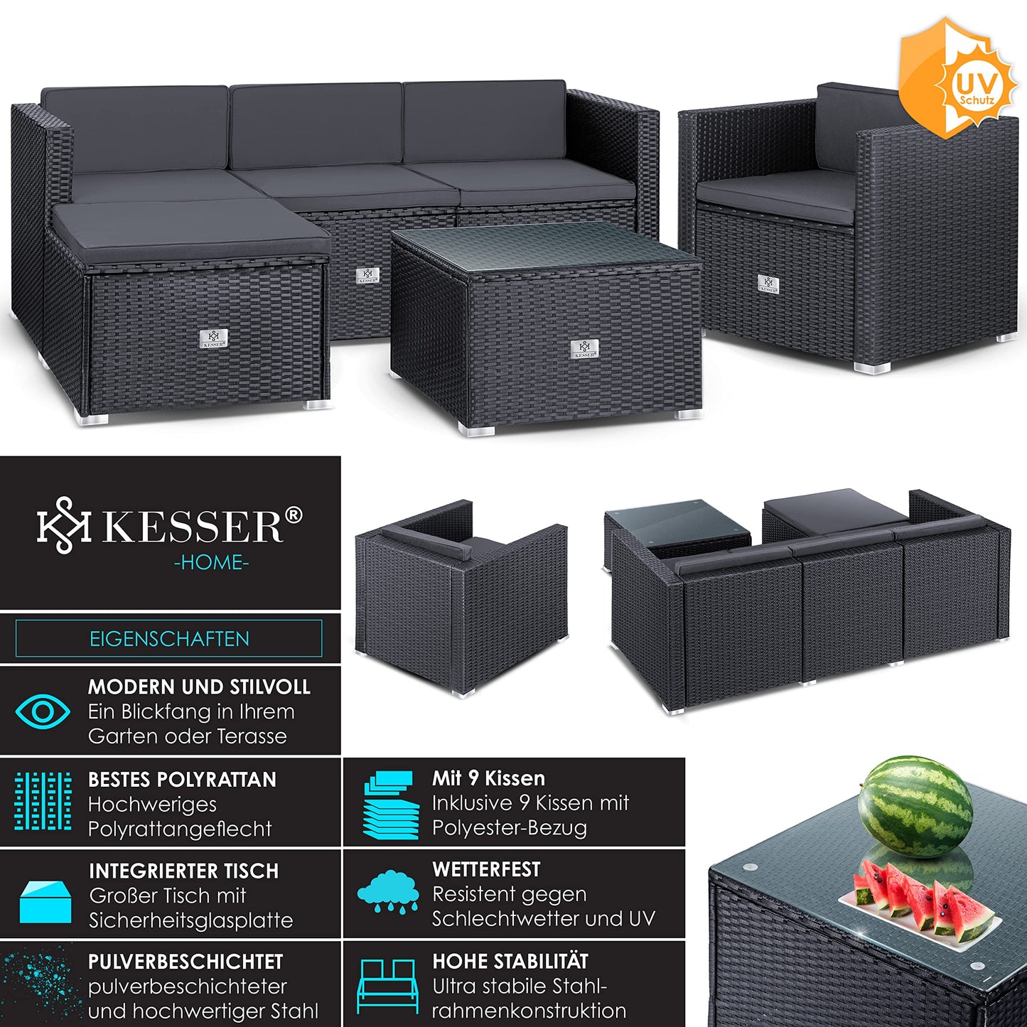 KESSER® Polyrattan Lounge Aruba, Juego de jardín para 4-5 Personas, Conjunto de Muebles de jardín, Grupo de 3 sofá de jardín, sillón, Taburete y Mesa Auxiliar con Cojines de Asiento