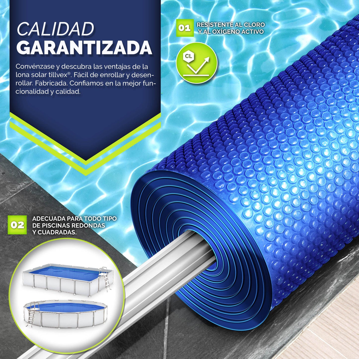 tillvex Cobertor Solar para Piscinas Rectangular 300x200 cm | Espesor de la lámina 120 µm | se Puede Cortar a Medida | Calefacción de la Piscina para el Calentamiento del Agua