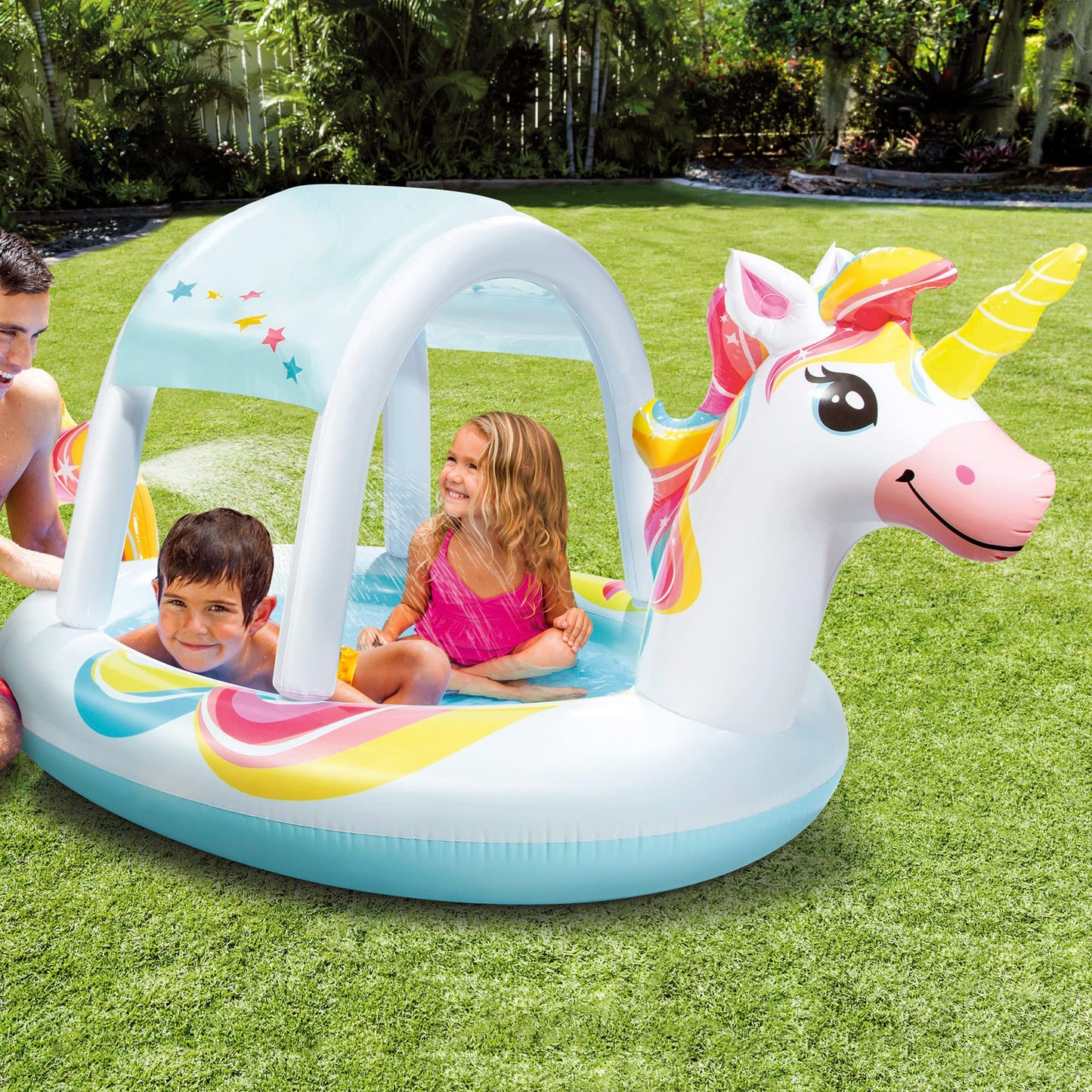 Intex Piscina unicornio techo desmontable y rociador de agua, Medium, 58435