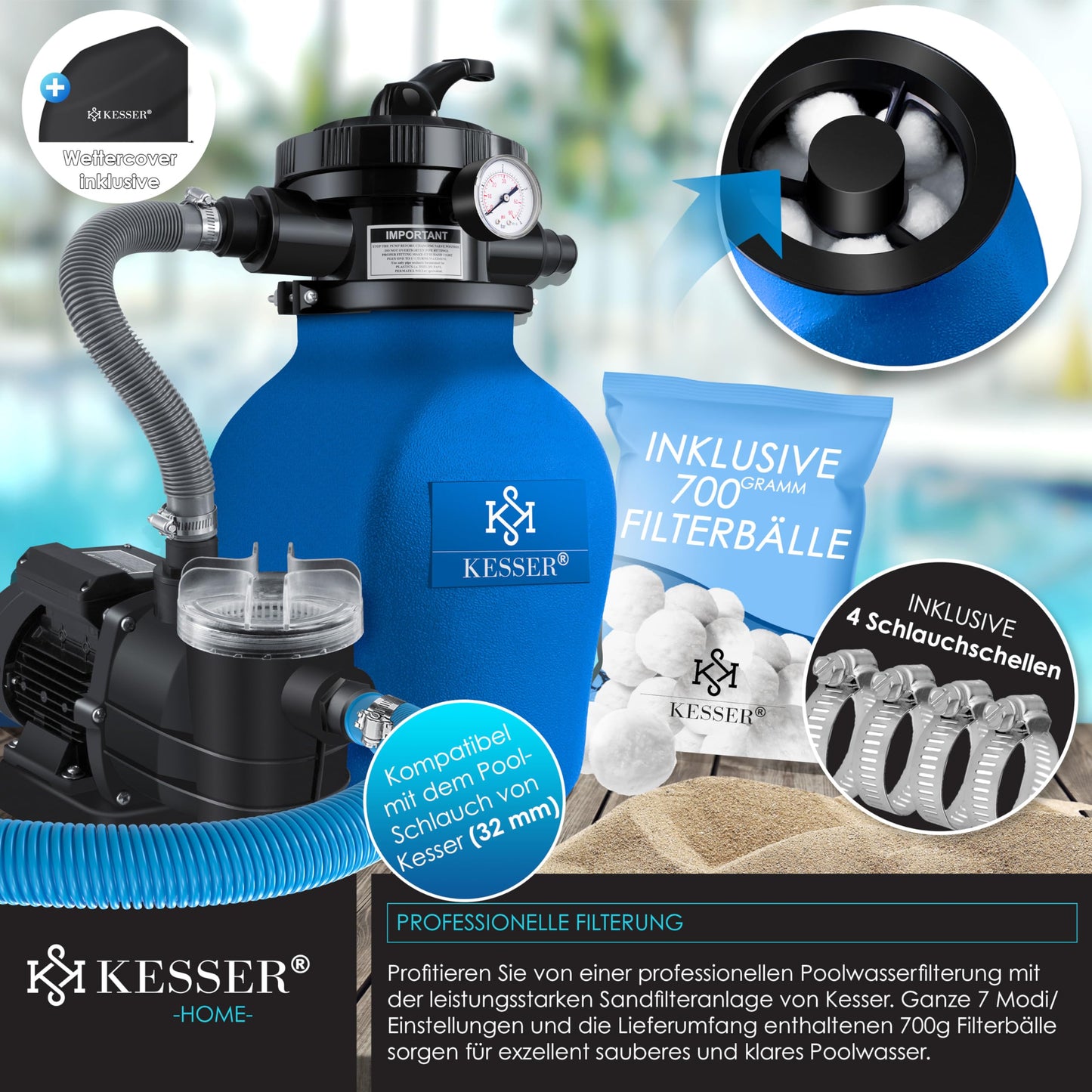 KESSER® Sistema de filtración de Arena Filtro de Arena + 700 g de Bolas de filtración reemplazan 25 kg de Arena de filtración válvula de 4 vías con indicador de presión Filtro de Piscina, Azul