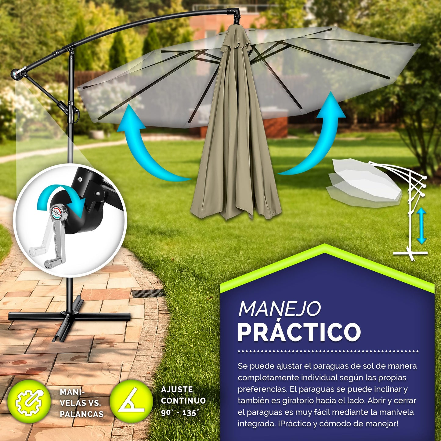 tillvex 300 cm Sombrilla Excentrico con Manivela, Funda y Protectora de cabrestante | Parasol para Terraza Jardín Balcón Patio | Giratorio 360º, Protección UV