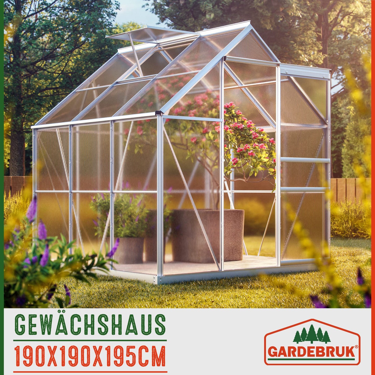 Gardebruk Invernadero de Aluminio 3,6m² Cobertizo de Jardín con Base Plantas 5,8m³ 190x190cm Vivero Huerto