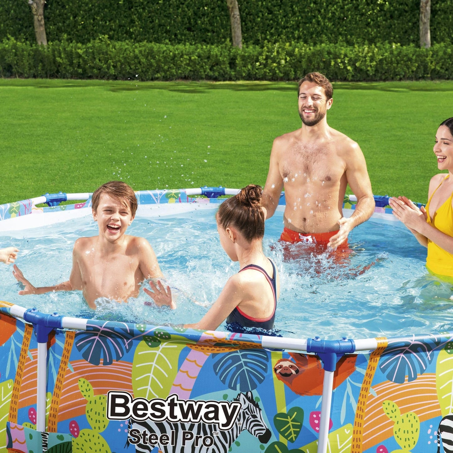 BESTWAY 56985 - Piscina Desmontable Tubular Infantil Steel Pro 305x66 cm Tritech Reforzado con Marco de Acero Diseño Animales de Colores Capacidad 4.062 Litros