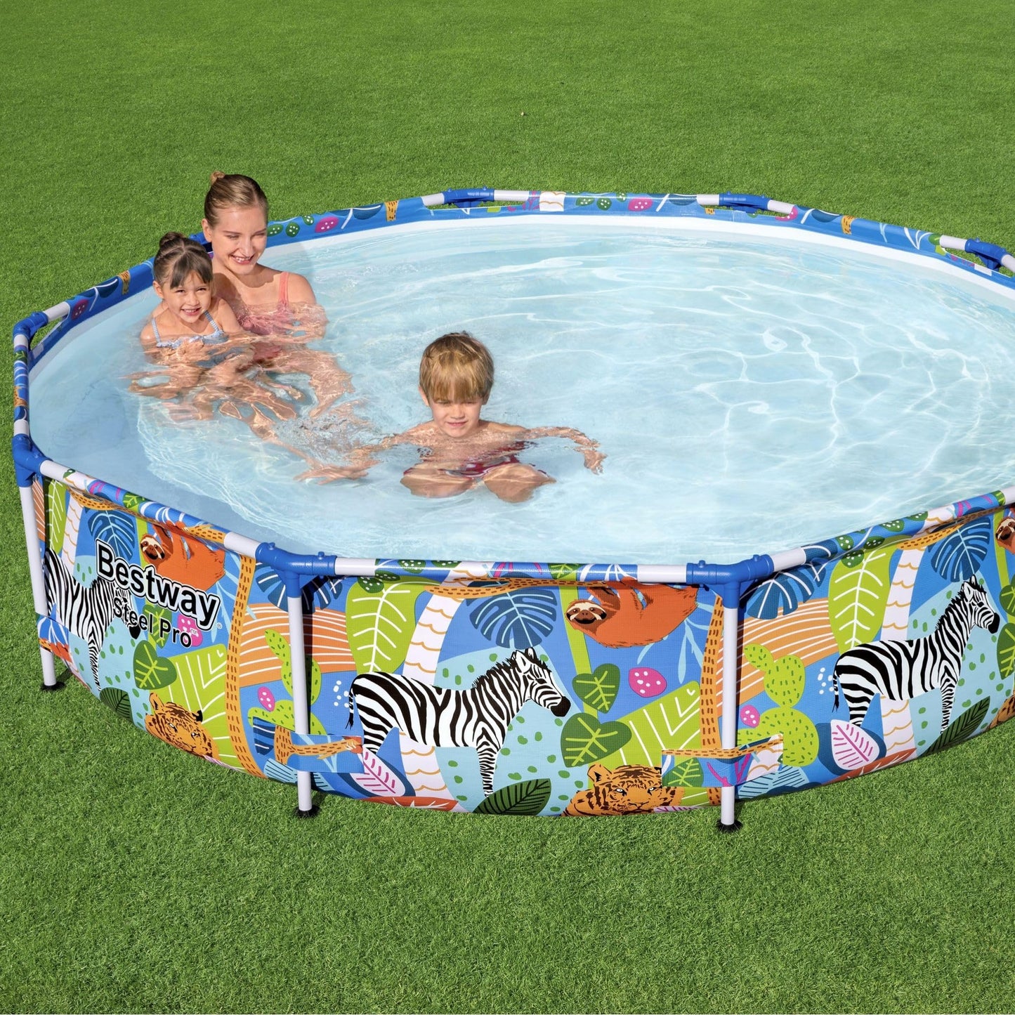 BESTWAY 56985 - Piscina Desmontable Tubular Infantil Steel Pro 305x66 cm Tritech Reforzado con Marco de Acero Diseño Animales de Colores Capacidad 4.062 Litros