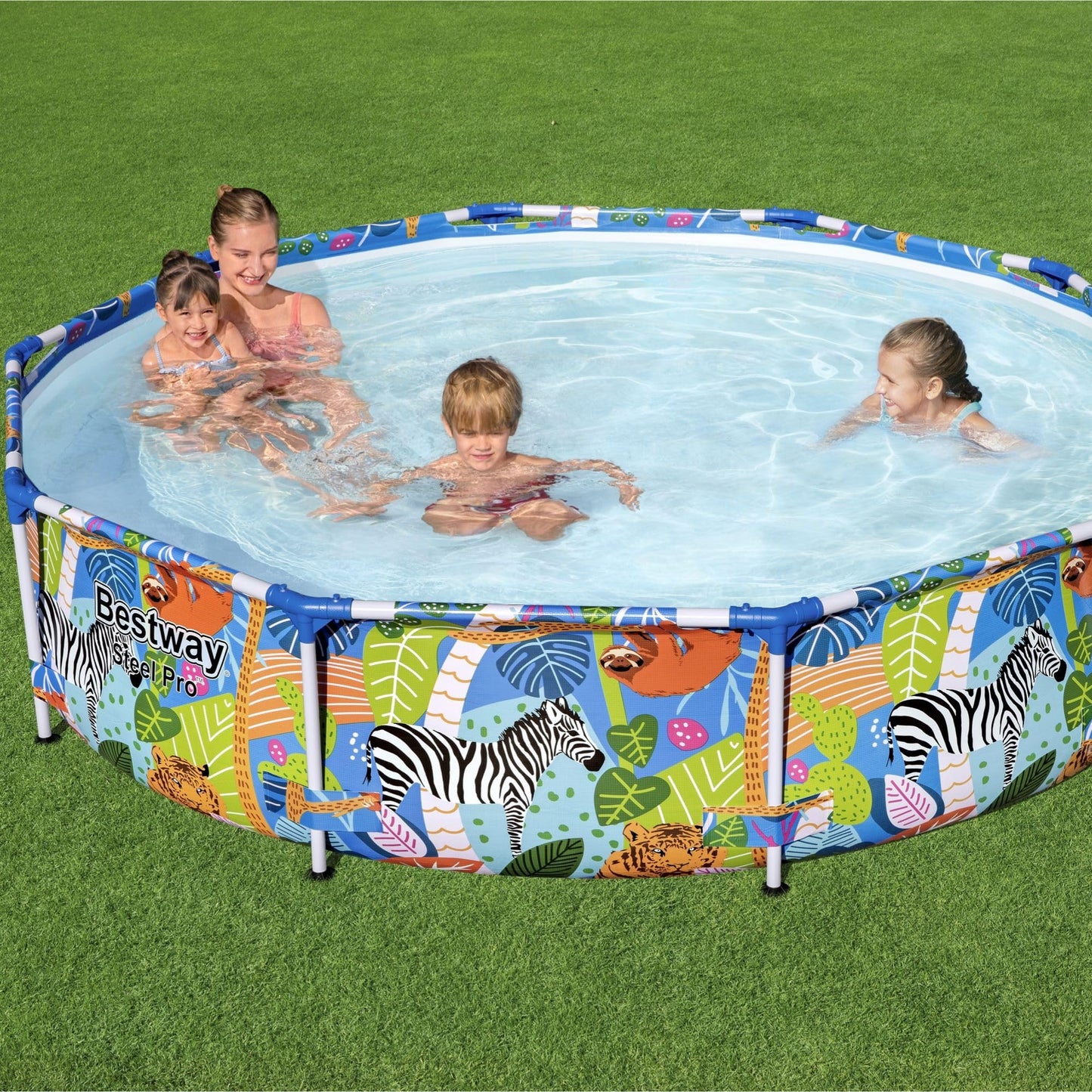 BESTWAY 56985 - Piscina Desmontable Tubular Infantil Steel Pro 305x66 cm Tritech Reforzado con Marco de Acero Diseño Animales de Colores Capacidad 4.062 Litros