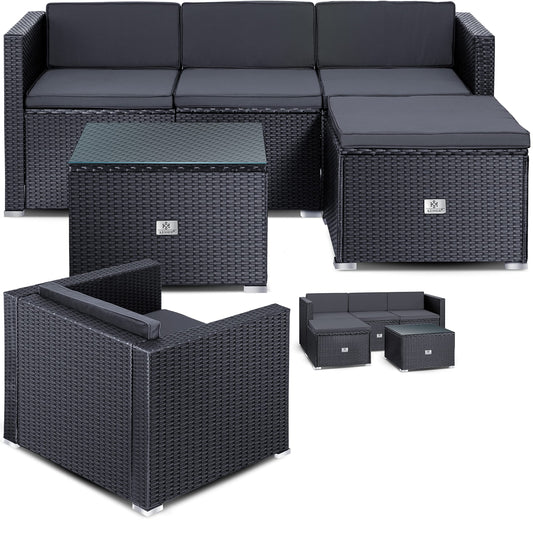 KESSER® Polyrattan Lounge Aruba, Juego de jardín para 4-5 Personas, Conjunto de Muebles de jardín, Grupo de 3 sofá de jardín, sillón, Taburete y Mesa Auxiliar con Cojines de Asiento