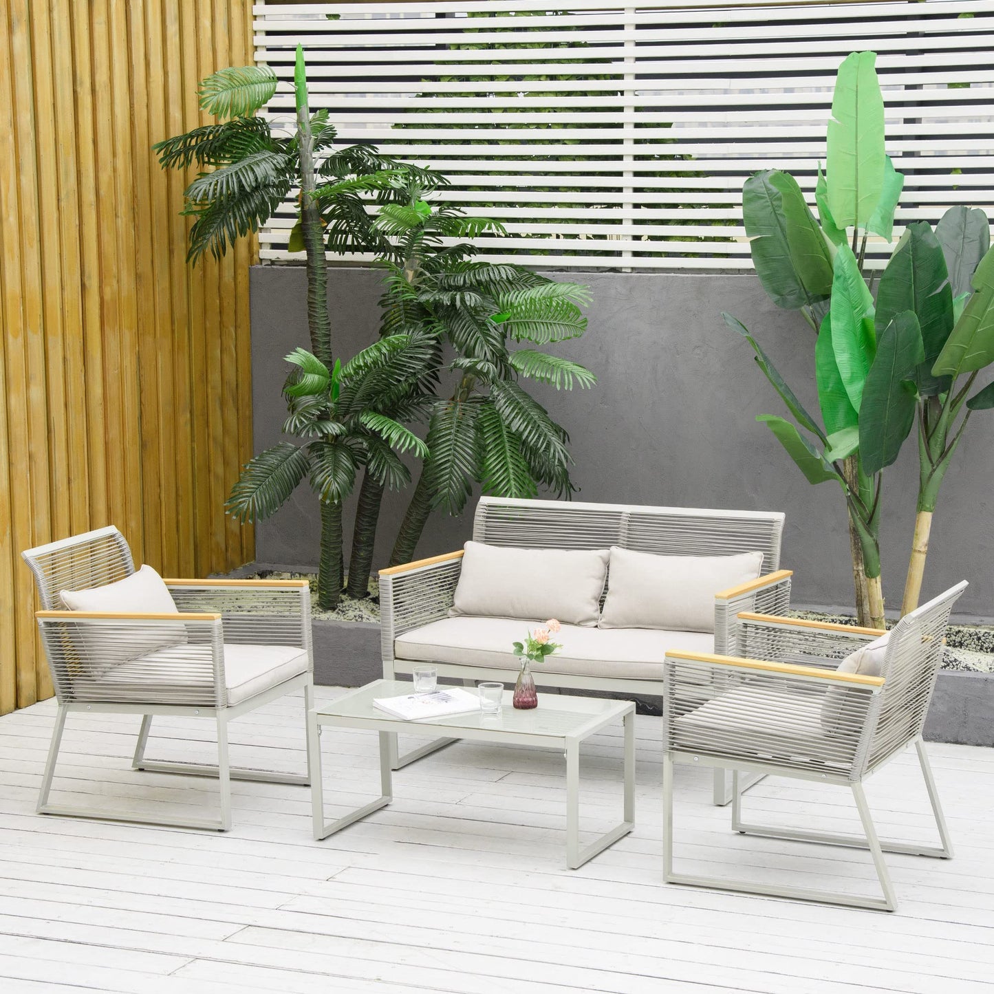 Outsunny Conjunto de Muebles de Jardín de Ratán 4 Piezas Sofá Doble 2 Sillones Individuales y Mesa de Café de Vidrio con Cojines Desenfundables para Exterior Terraza Gris
