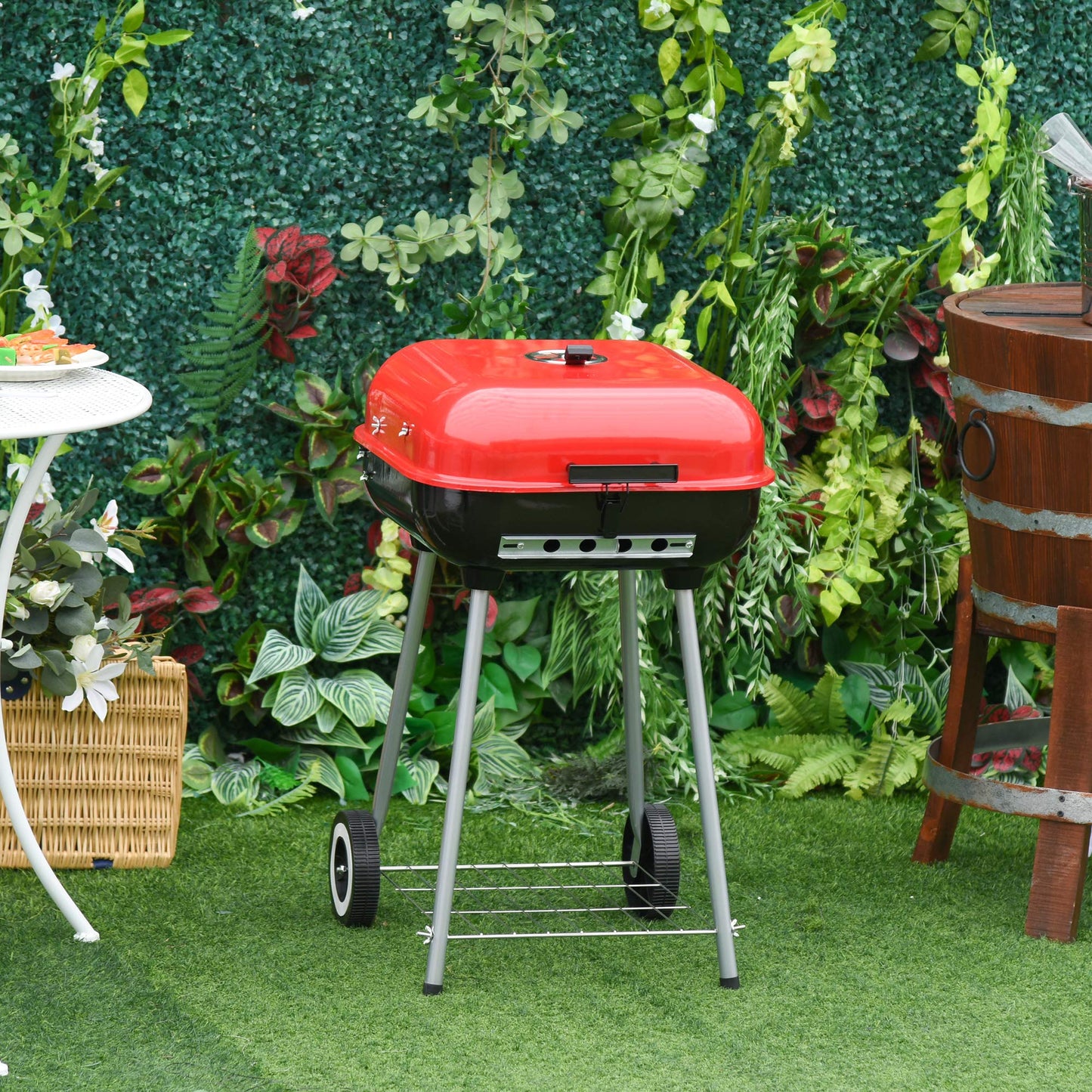 Outsunny Barbacoa de Carbón Picnic con Ruedas y Estante Parilla de Carbón Vegetal BBQ Jardín Exterior Ahumador Parilla Acampada 48x52,5x79,5 cm