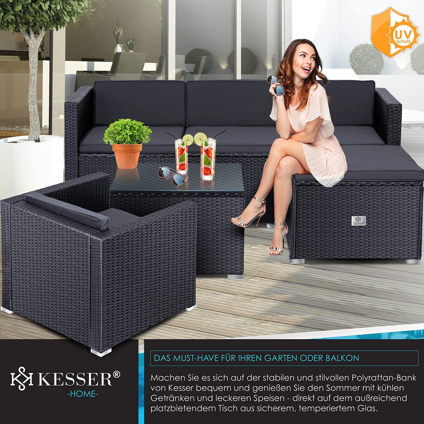 KESSER® Polyrattan Lounge Aruba, Juego de jardín para 4-5 Personas, Conjunto de Muebles de jardín, Grupo de 3 sofá de jardín, sillón, Taburete y Mesa Auxiliar con Cojines de Asiento