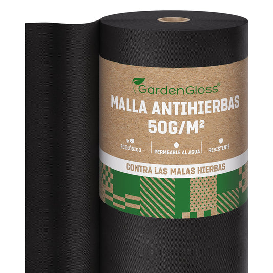 GardenGloss 50m² Tela Antihierba contra Las Malas Hierbas – Mallas Antihierba Resistente al Desgaste 50g/m² – Alta estabilización UV (50m x 1m, 1 Rollo)