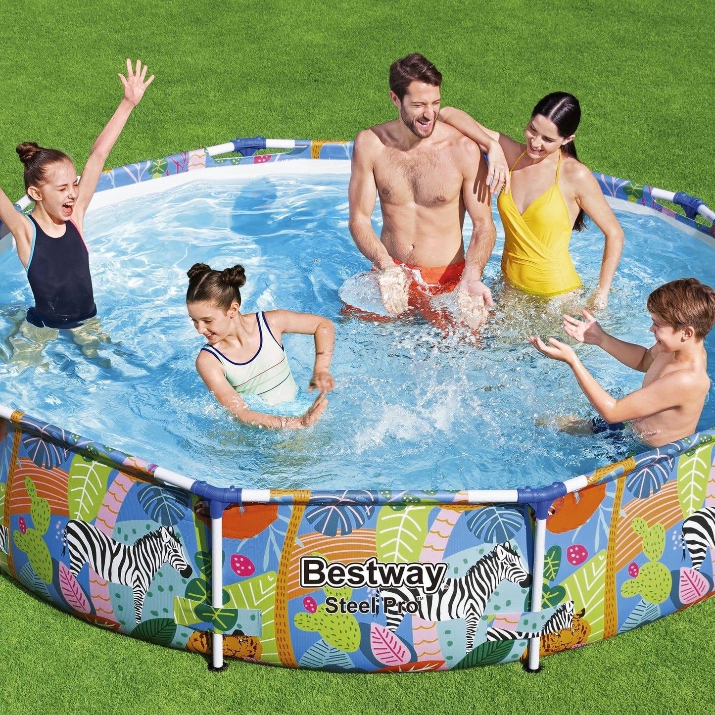 BESTWAY 56985 - Piscina Desmontable Tubular Infantil Steel Pro 305x66 cm Tritech Reforzado con Marco de Acero Diseño Animales de Colores Capacidad 4.062 Litros