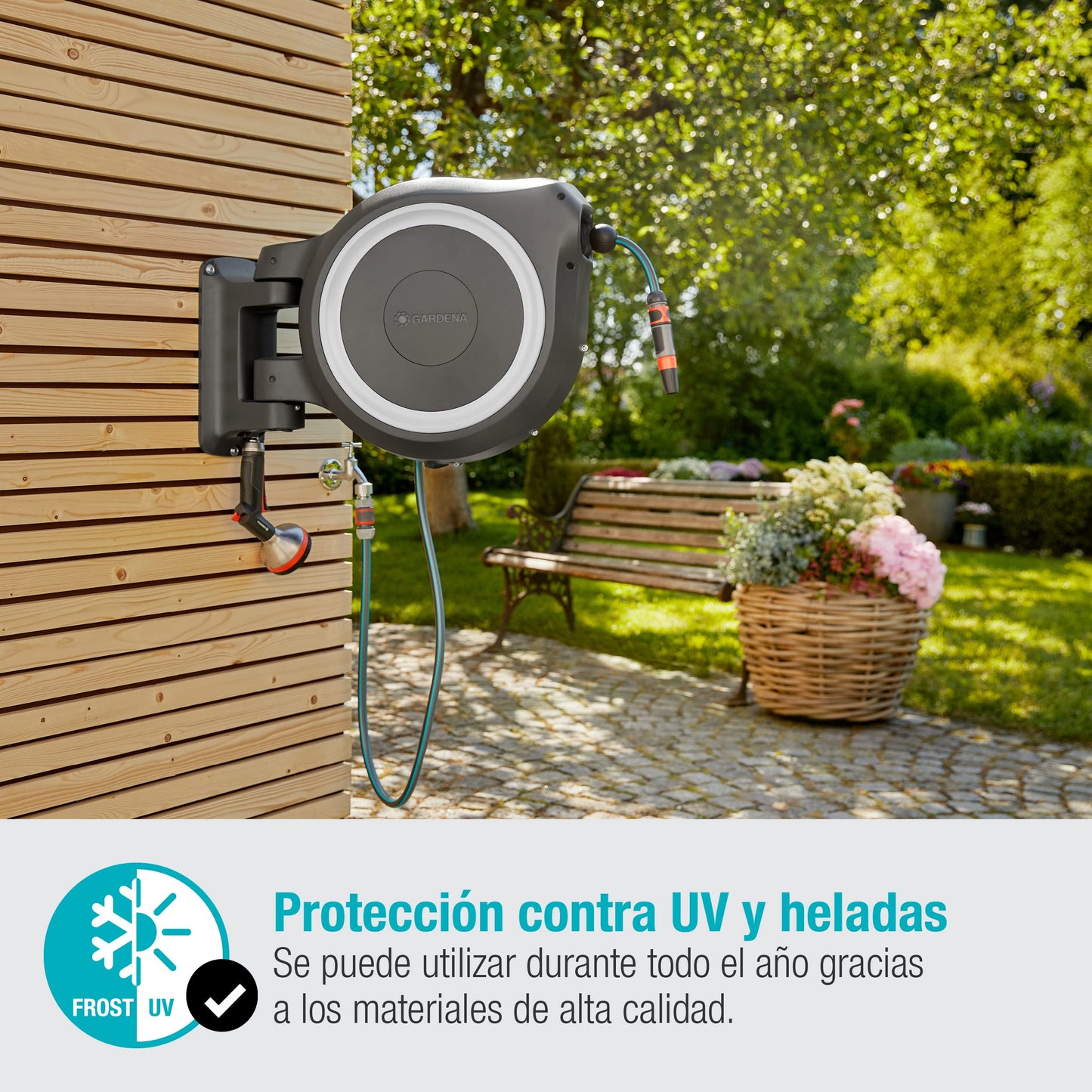 Gardena Carrete de manguera de pared RollUp XL (blanco) 35 m: riego flexible para grandes jardines, carrete giratorio, incluye manguera Gardena de 35 m y auxiliar de montaje (18632-20)