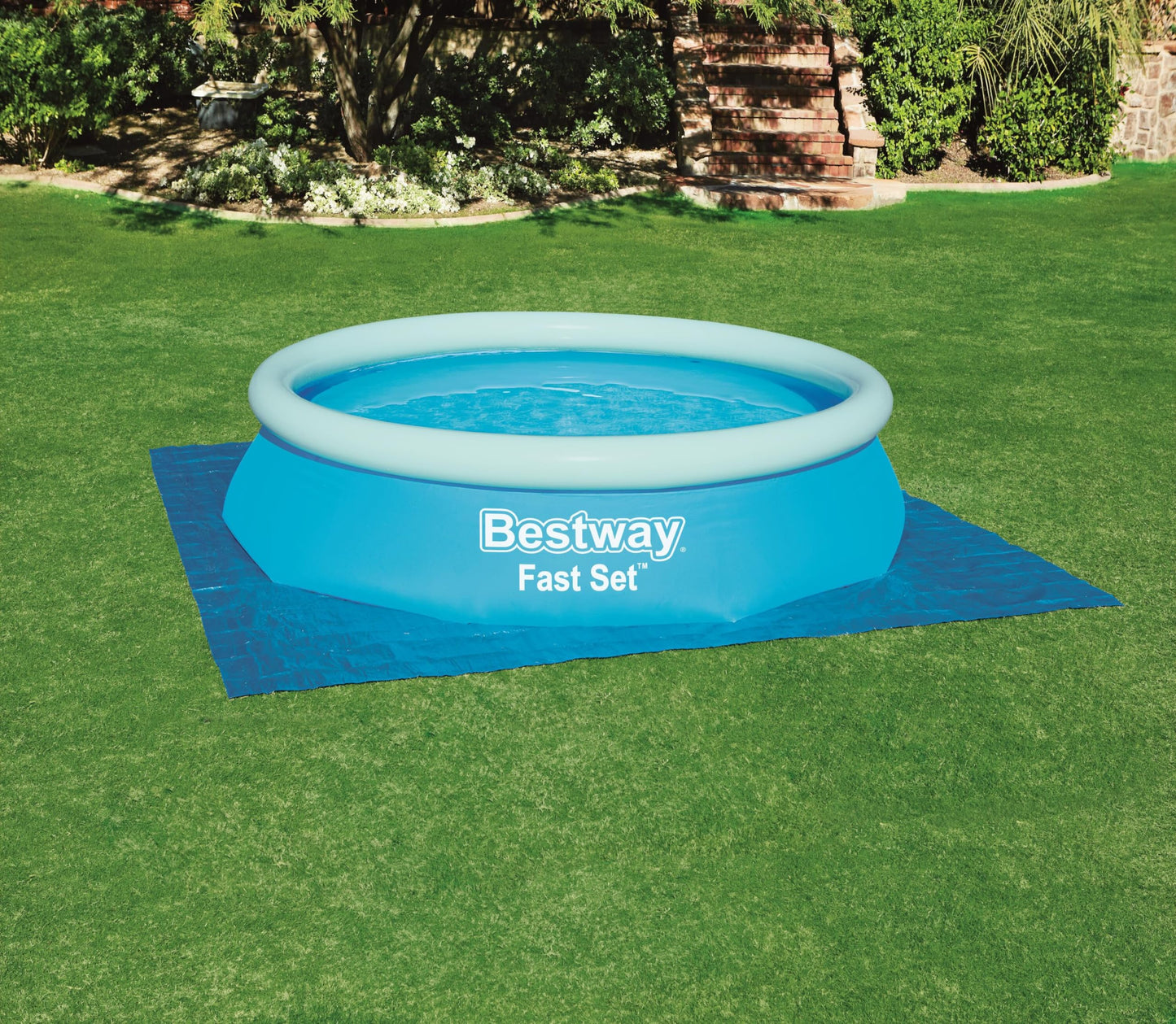 BESTWAY 58001 - Tapiz de Suelo para Piscina 335x335 cm de PVC Resistente Forma Cuadrada Para Piscinas Redondas de 305 cm de Diámetro Color Azul Fácil Instalación