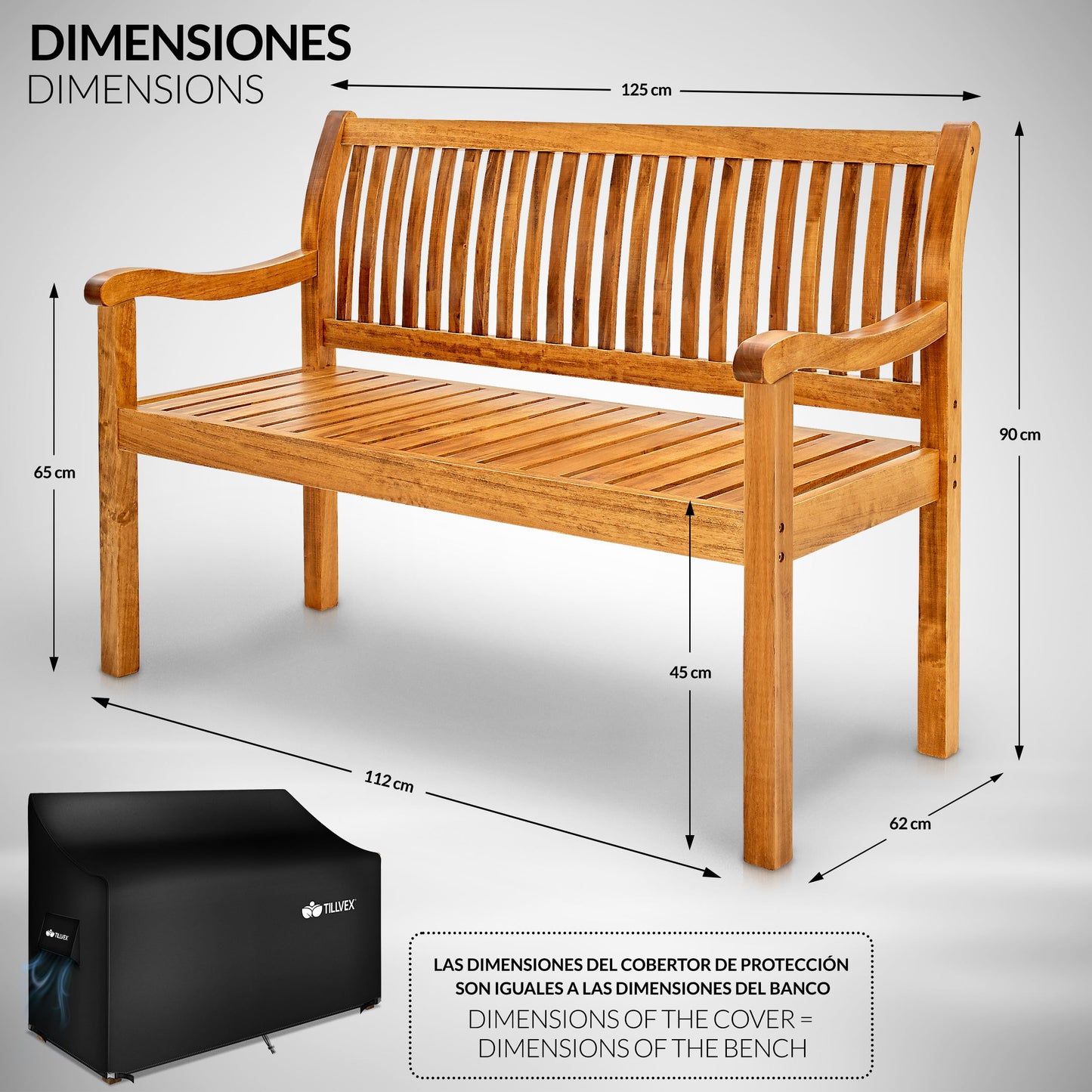 tillvex Banco de Madera para Jardín 125 cm con Cubierta | Robusto Asiento de Exterior 2-3 Plazas | hasta 320 kg de Carga | Banco para Porche, Terraza, Balcón